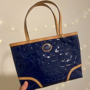 Coach Peyton Embossed Patent Leather Mini Tote Handbag Purse Beige Blue